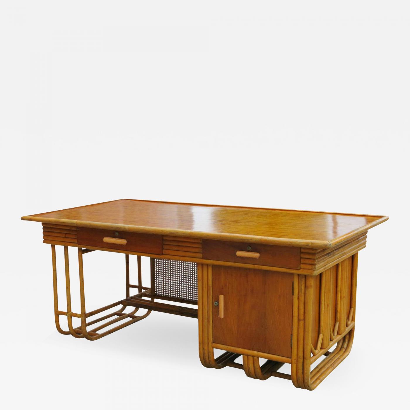 Restored Large Jean Royere Style Streamline Rattan Executive Desk