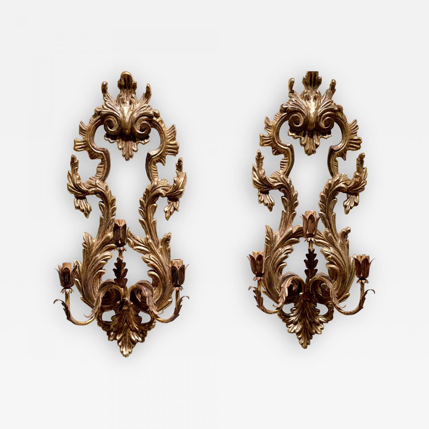 18th C Style White Gold Giltwood Rococo Acanthus Leaf Sconces - a Pair