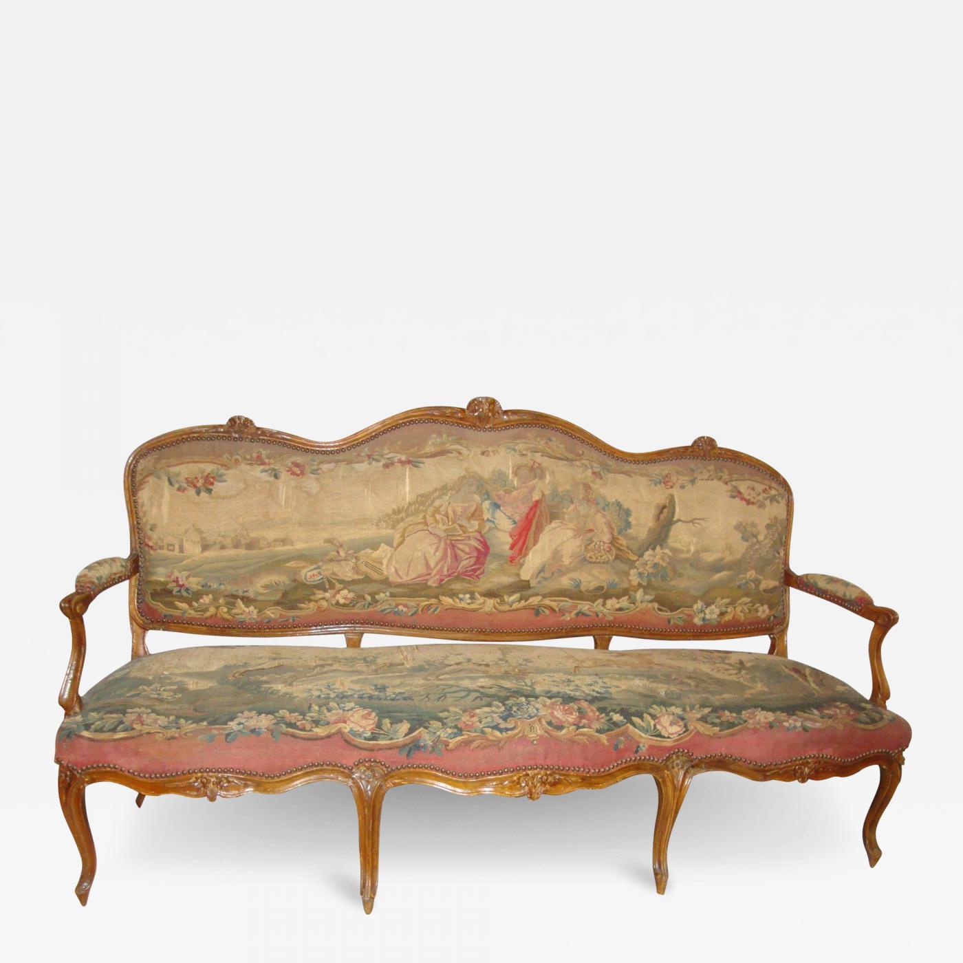 Pair of Louis XVI French Aubusson Tapestry Fruitwood Armchairs