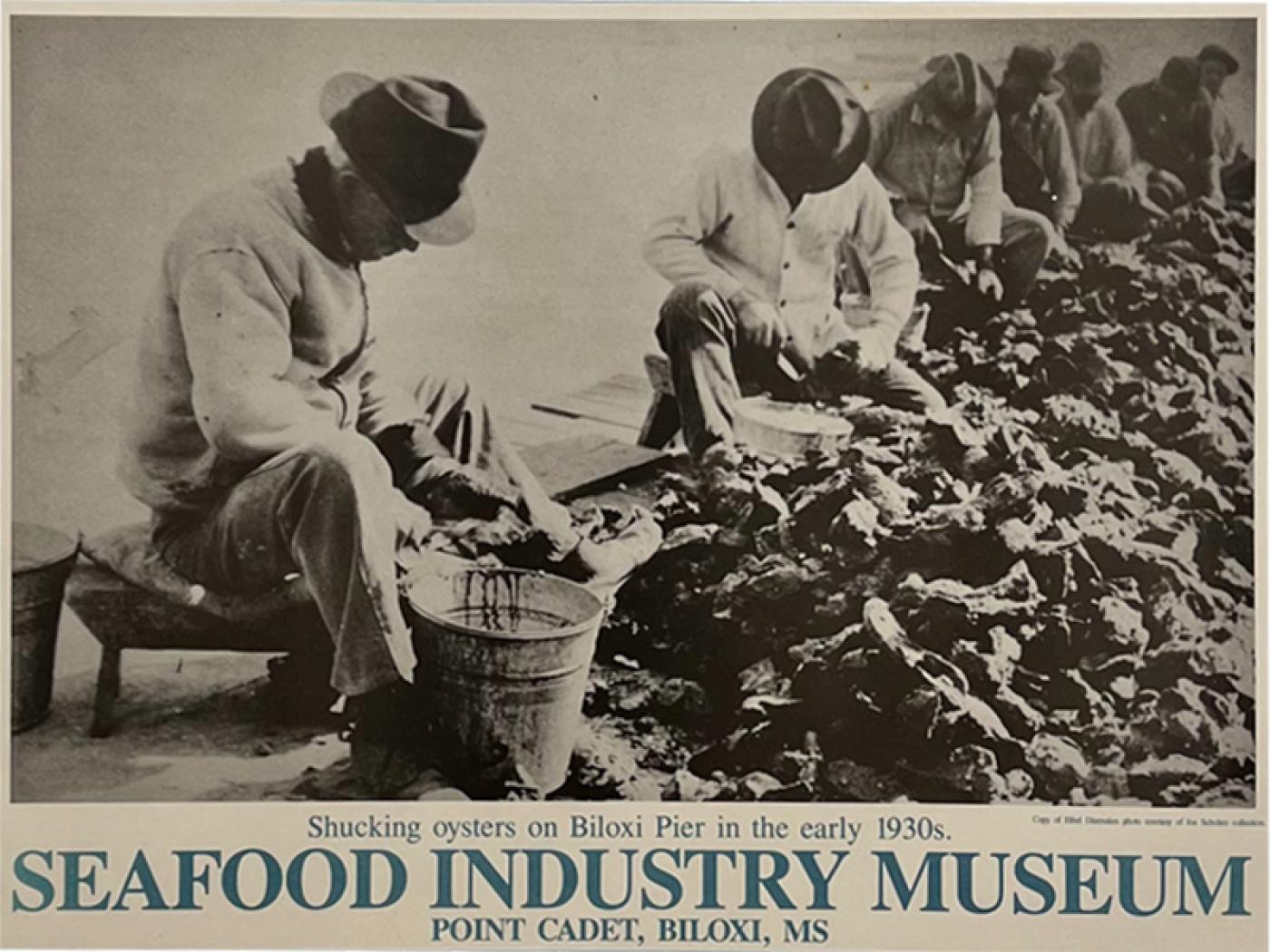 1930s Seafood Industry Museum Poster Art Shucking Oysters Biloxi Pier MS