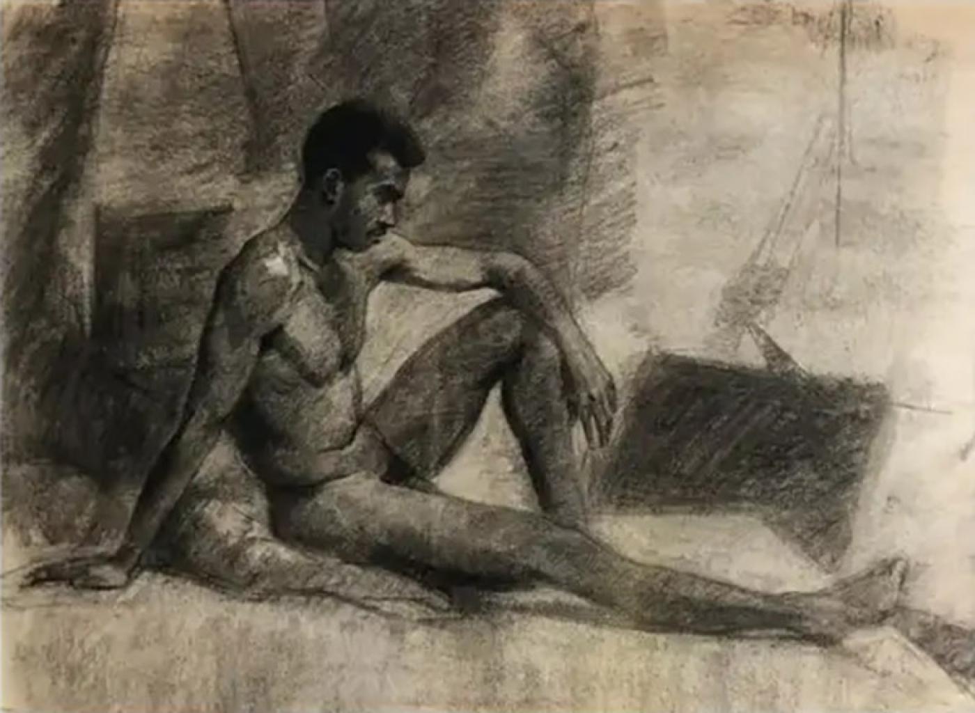 1940s Male Nude Art Study Drawing in Charcoal on Paper