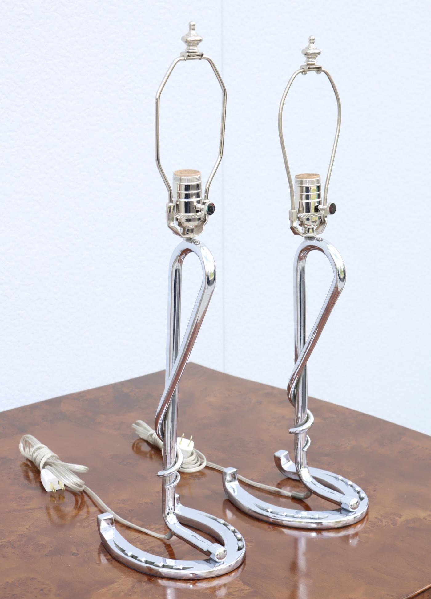 1960's French Horse Shoe Chrome Table Lamps