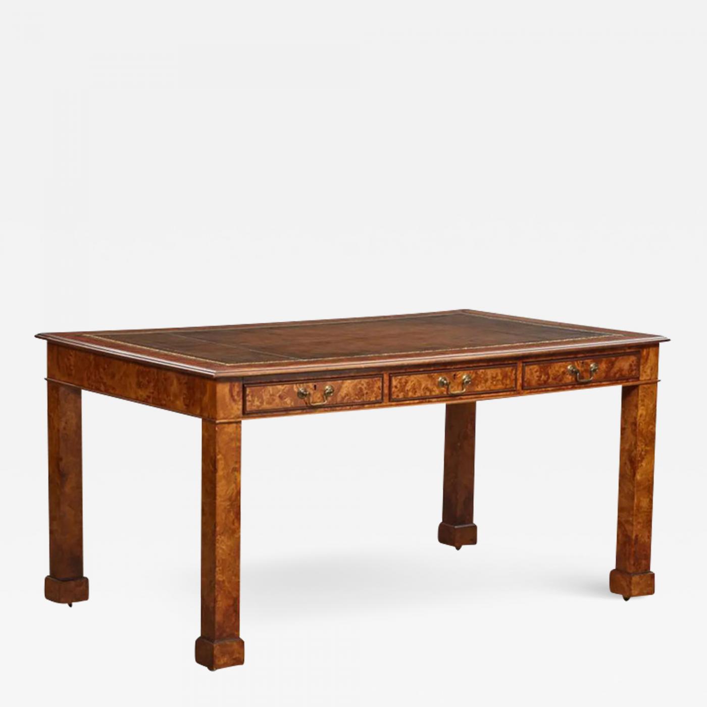 19th C Style Burton Ching Chippendale Burl Wood Writing Table Desk