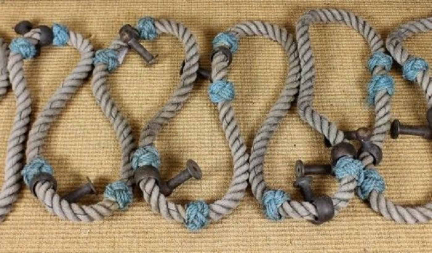 19th Century rope companionway hand-rail with bronze wall fittings