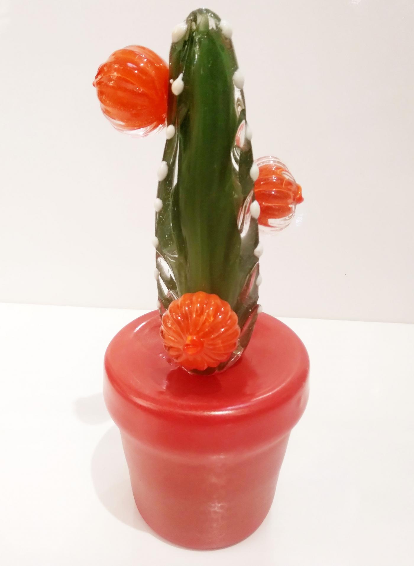 2000s Italian Moss Green Gold Murano Art Glass Cactus Plant with Orange ...