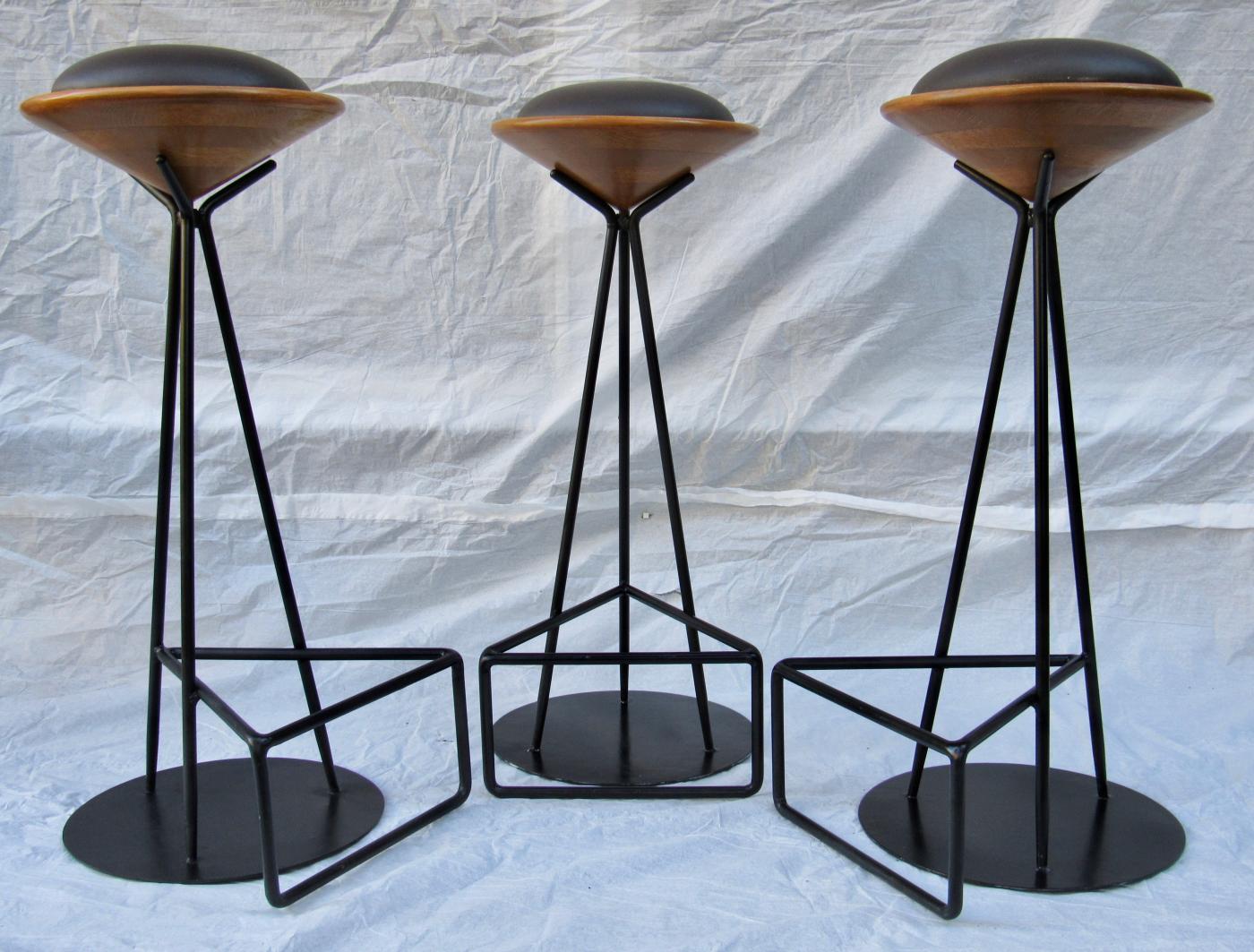 3 Oak and Wrought Iron Bar Stools Palm Springs 1960s