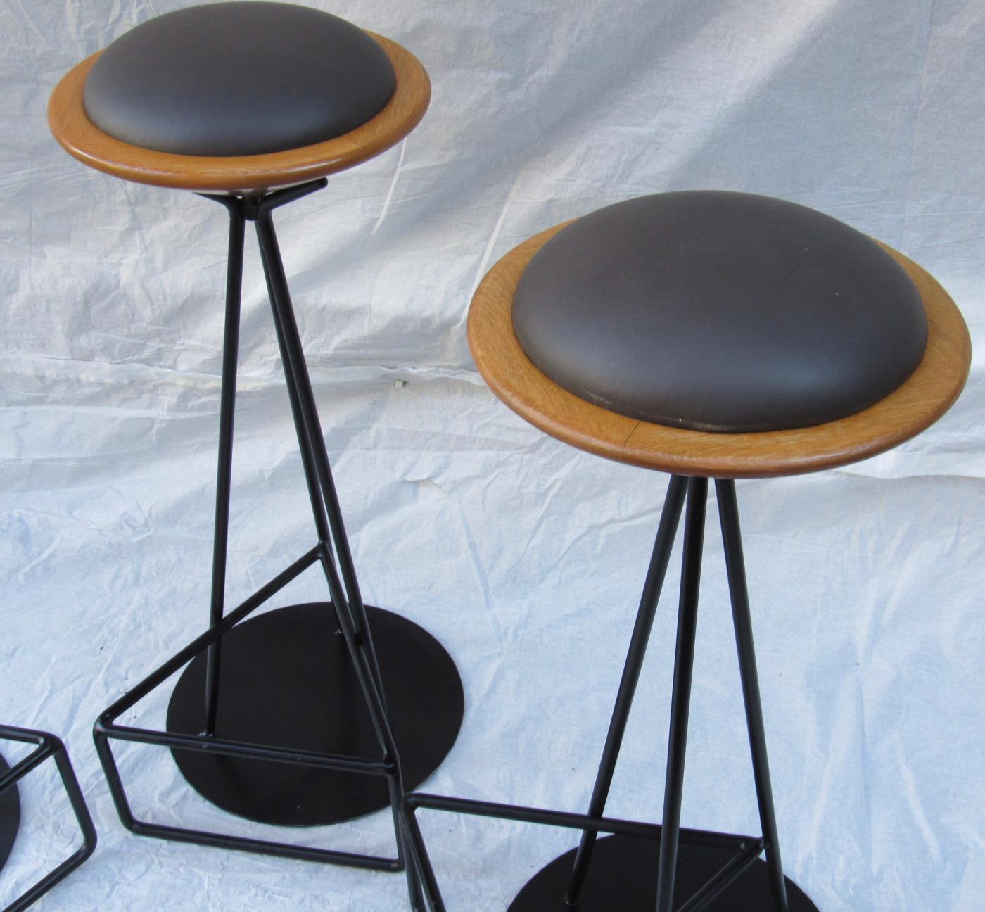 3 Oak and Wrought Iron Bar Stools Palm Springs 1960s