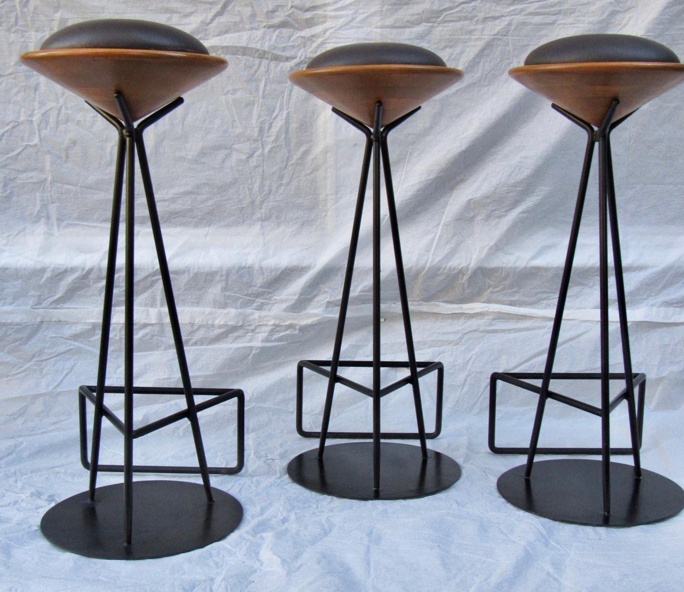 3 Oak and Wrought Iron Bar Stools Palm Springs 1960s