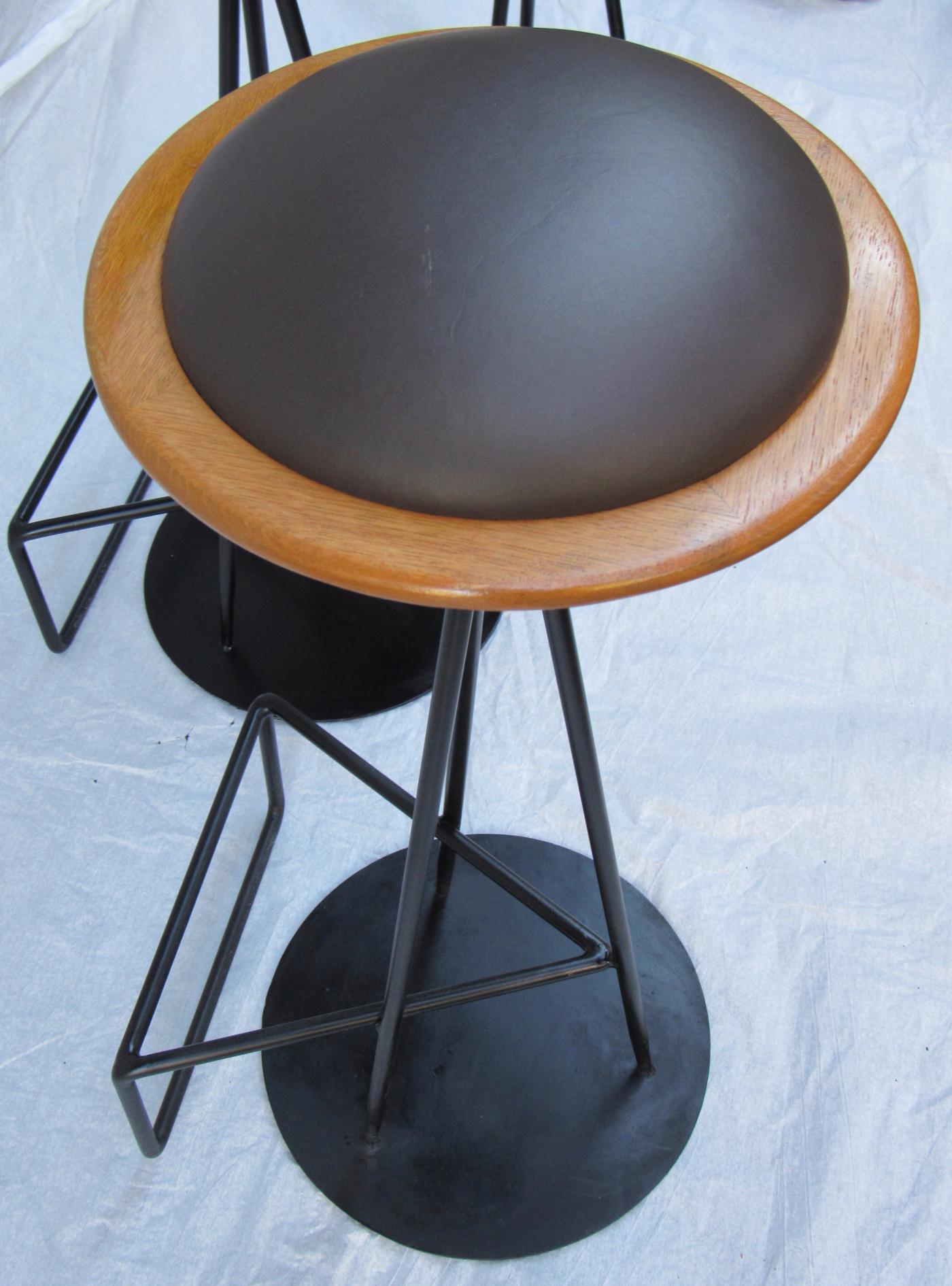 3 Oak and Wrought Iron Bar Stools Palm Springs 1960s