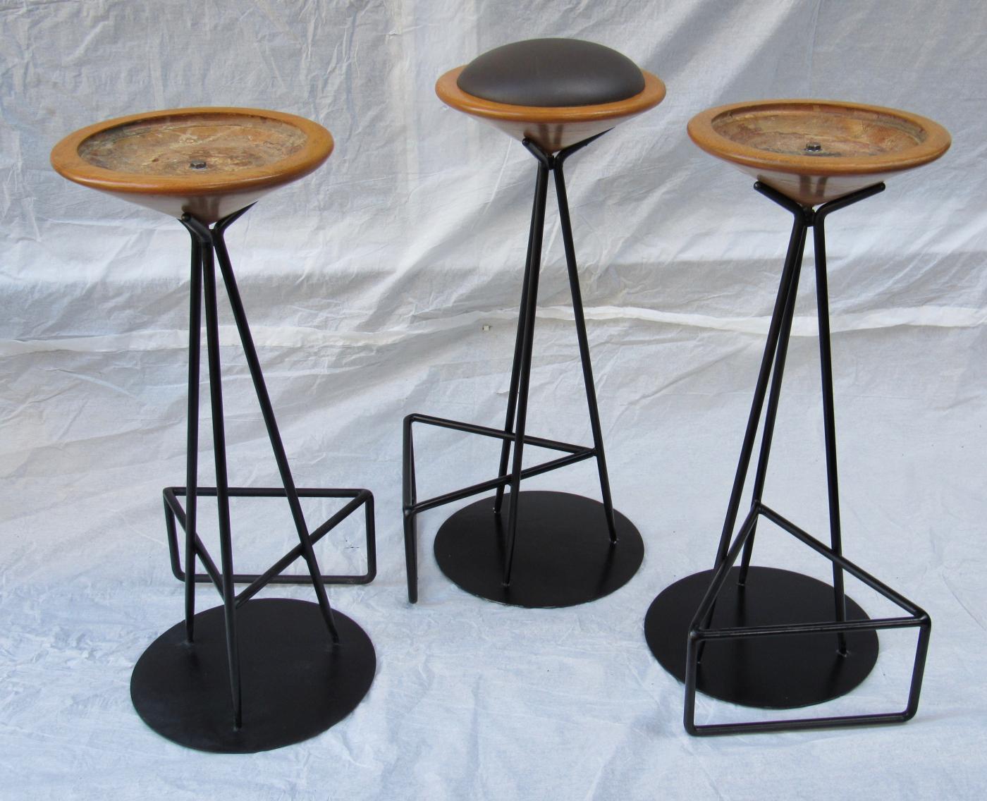3 Oak and Wrought Iron Bar Stools Palm Springs 1960s