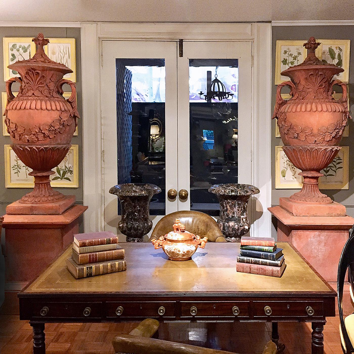 Pair of Early 19th Century Neoclassical Terracotta Urns and Lids