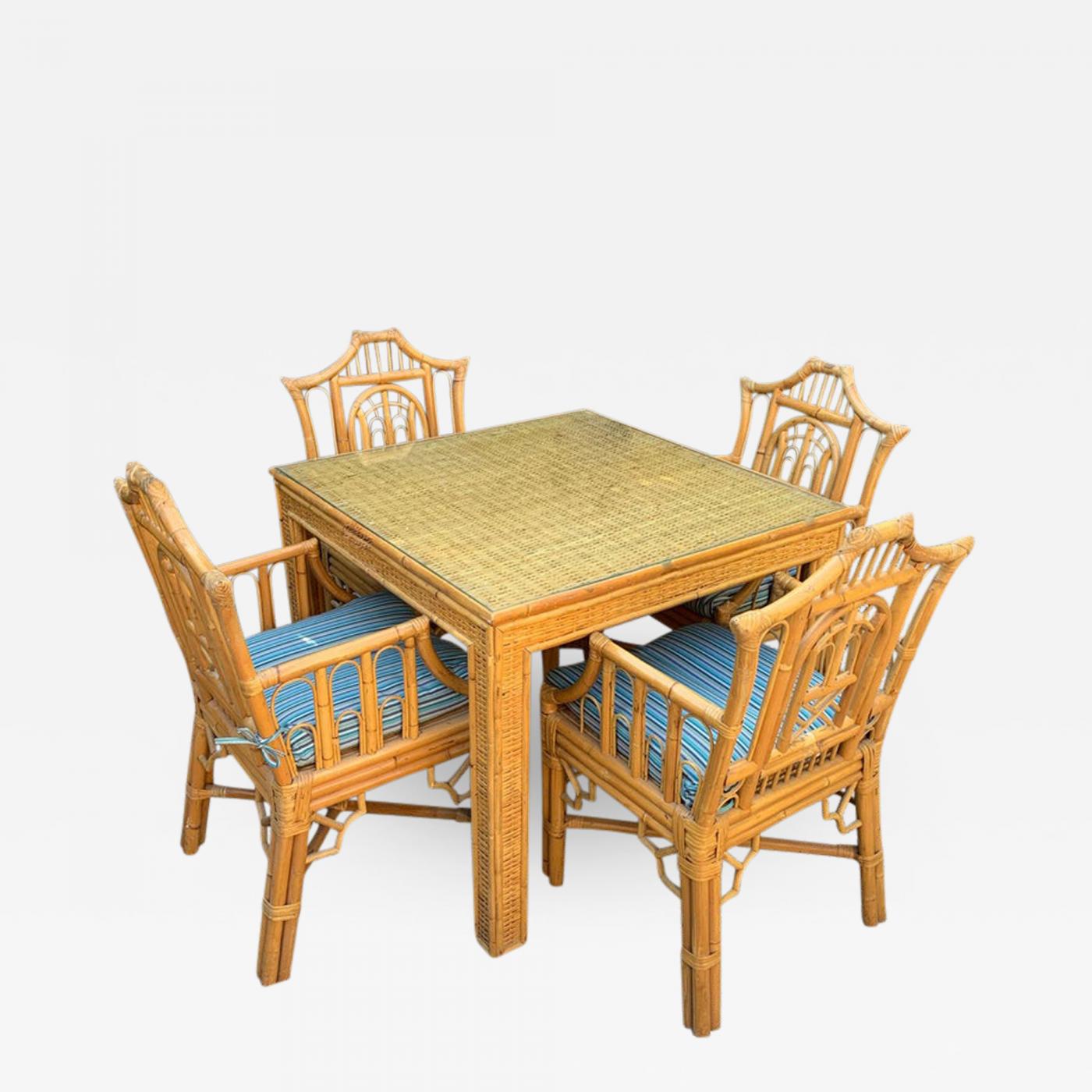 5 Piece Chinese Chippendale Style Bamboo Game Dining Table And Armchairs