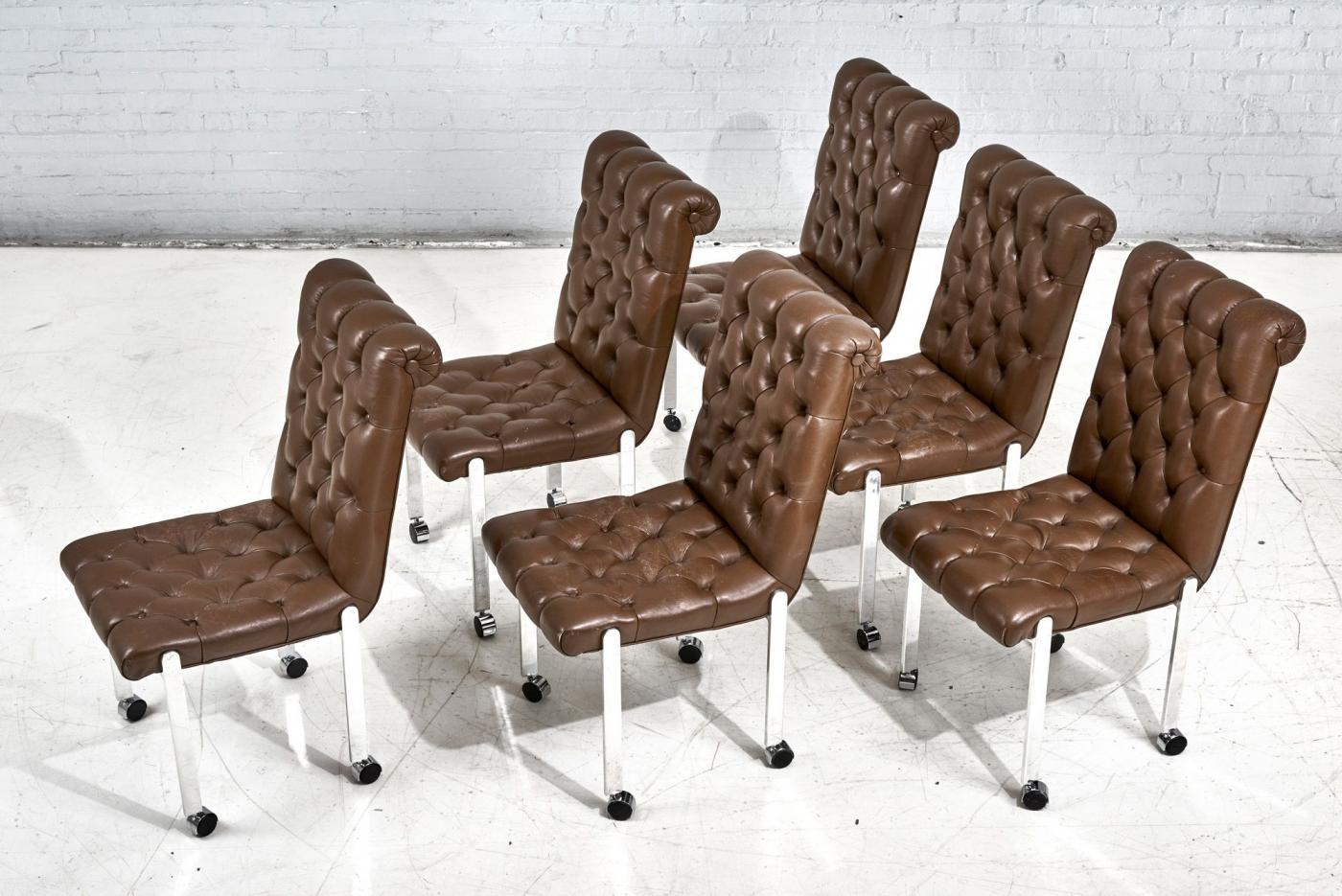 6 Leather Tufted Dining Chairs on Casters, 1970