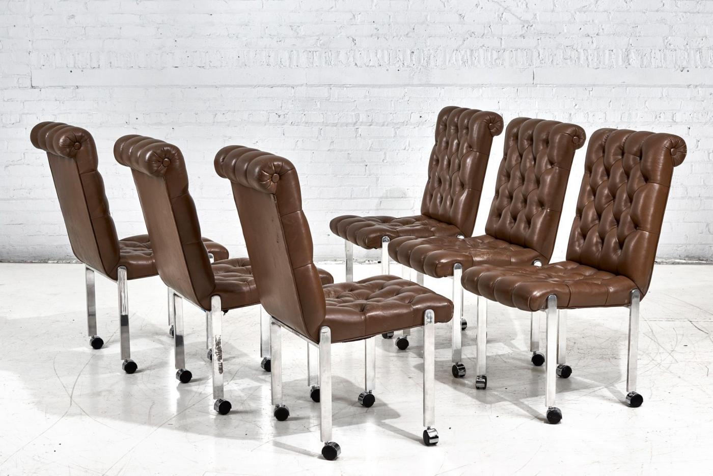 6 Leather Tufted Dining Chairs On Casters 1970 0174