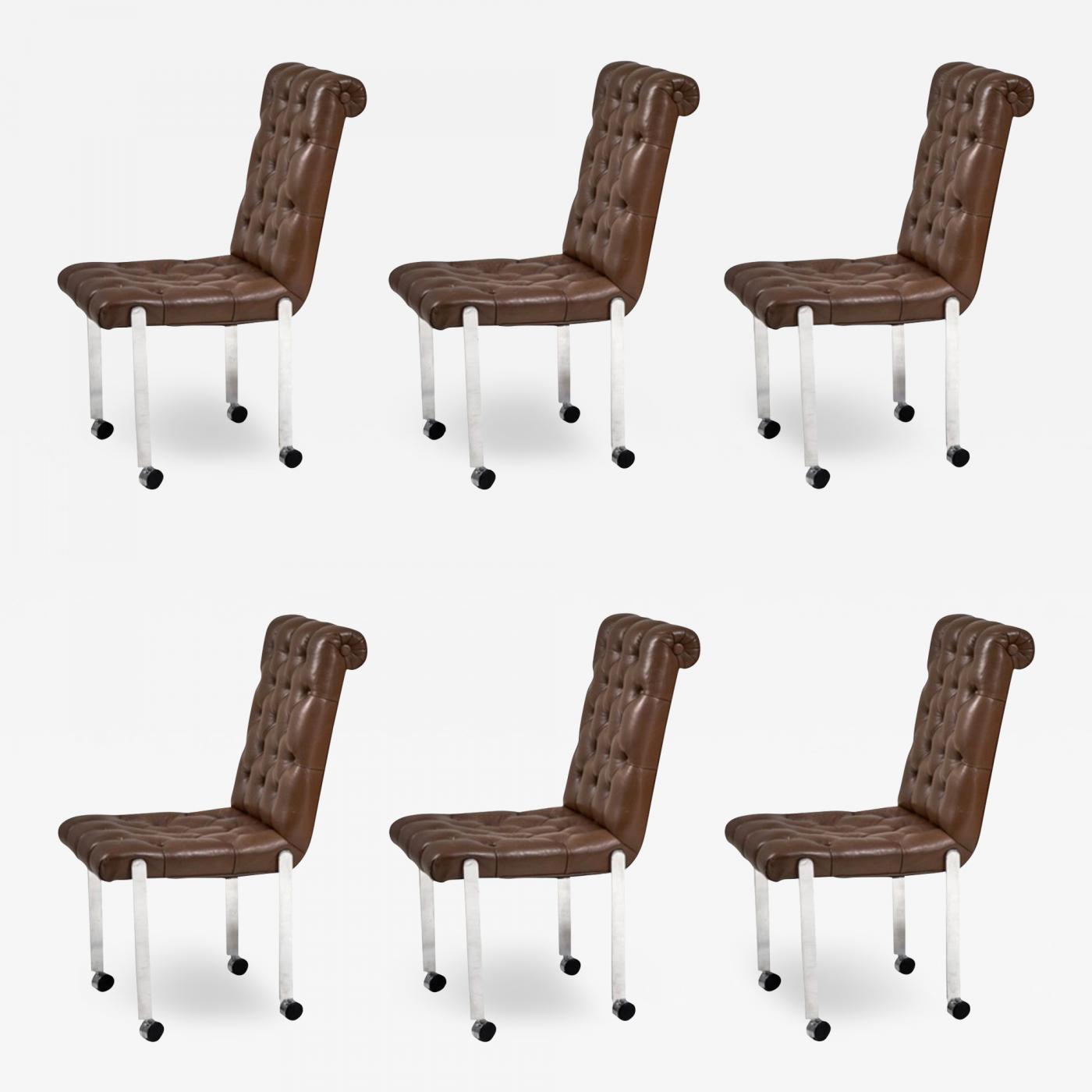 6 Leather Tufted Dining Chairs On Casters 1970 5154