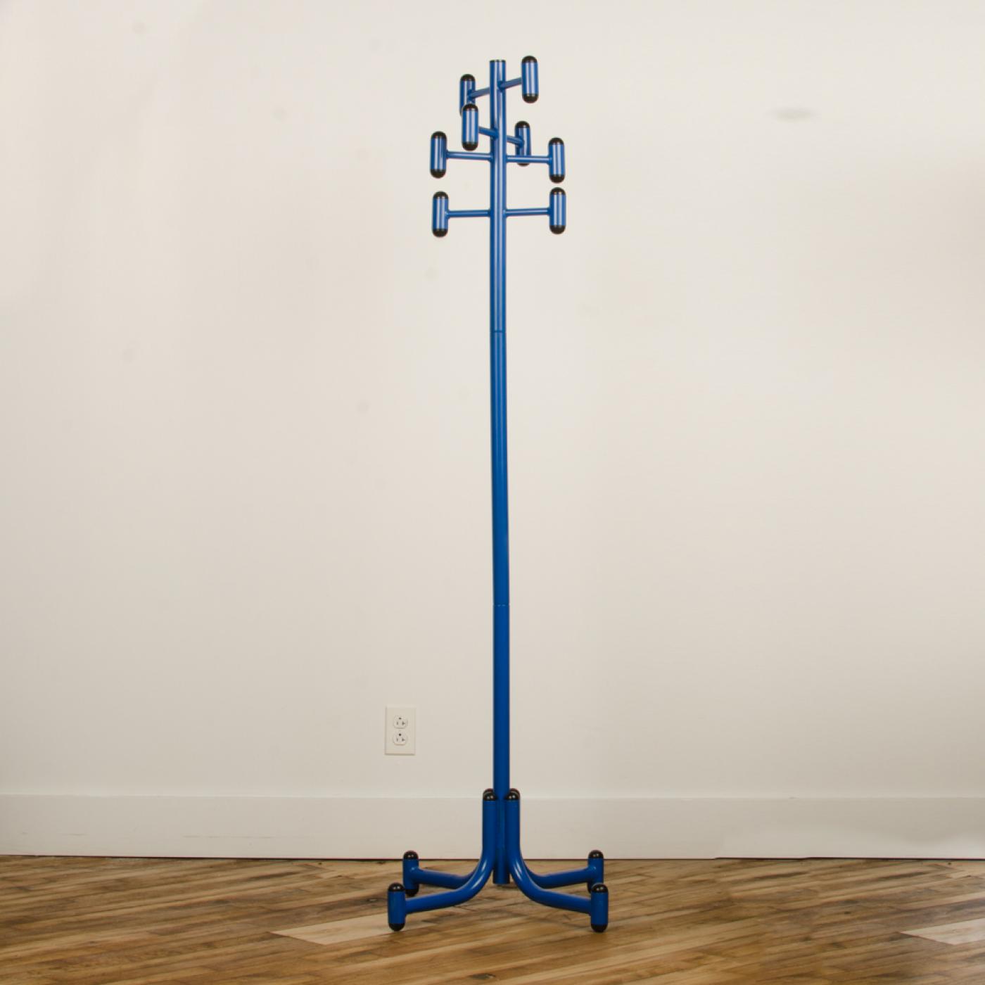 A 1960s steel and blue lacquer coat rack, American