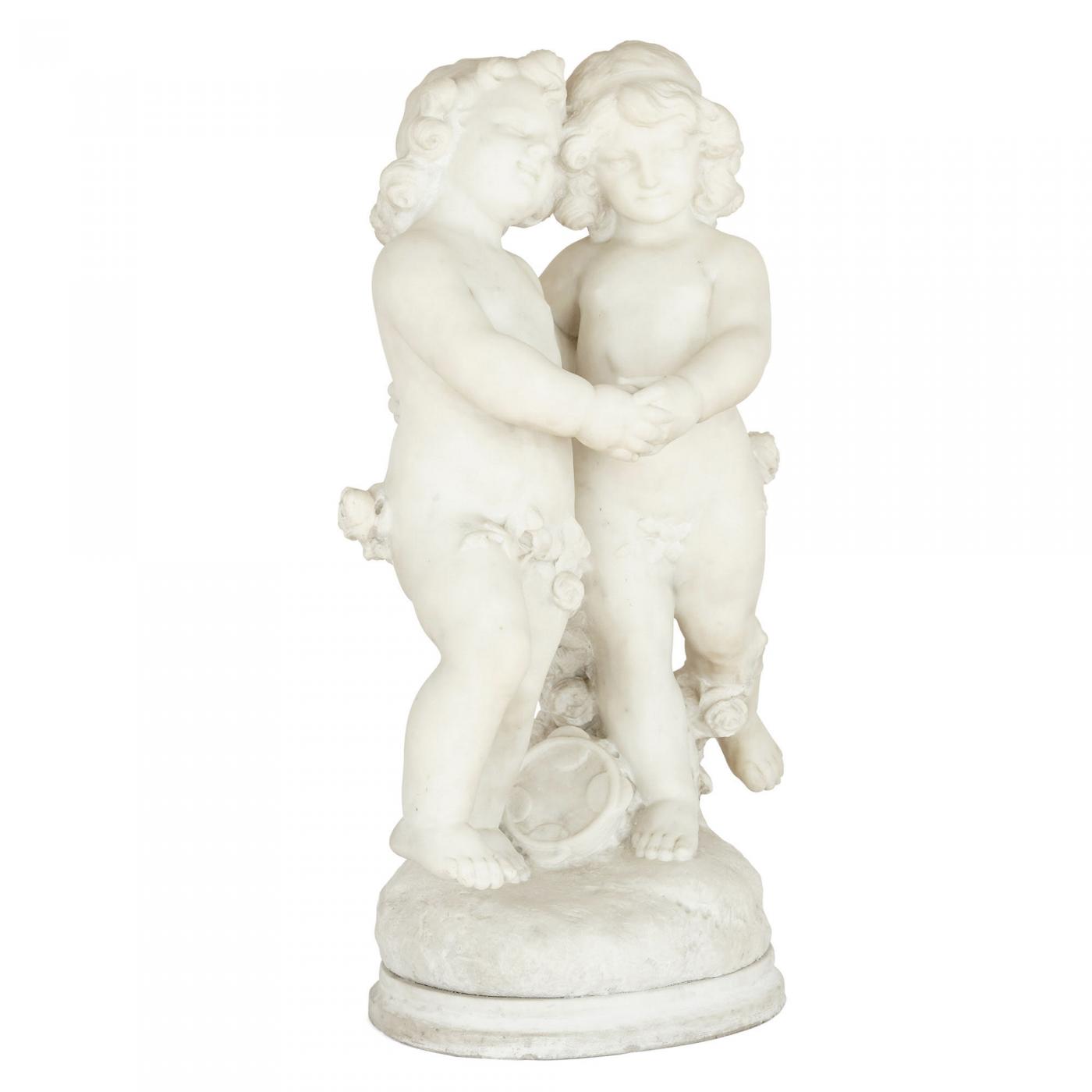 A. Duché - 19th Century white marble group of two cherubs by A. Duché