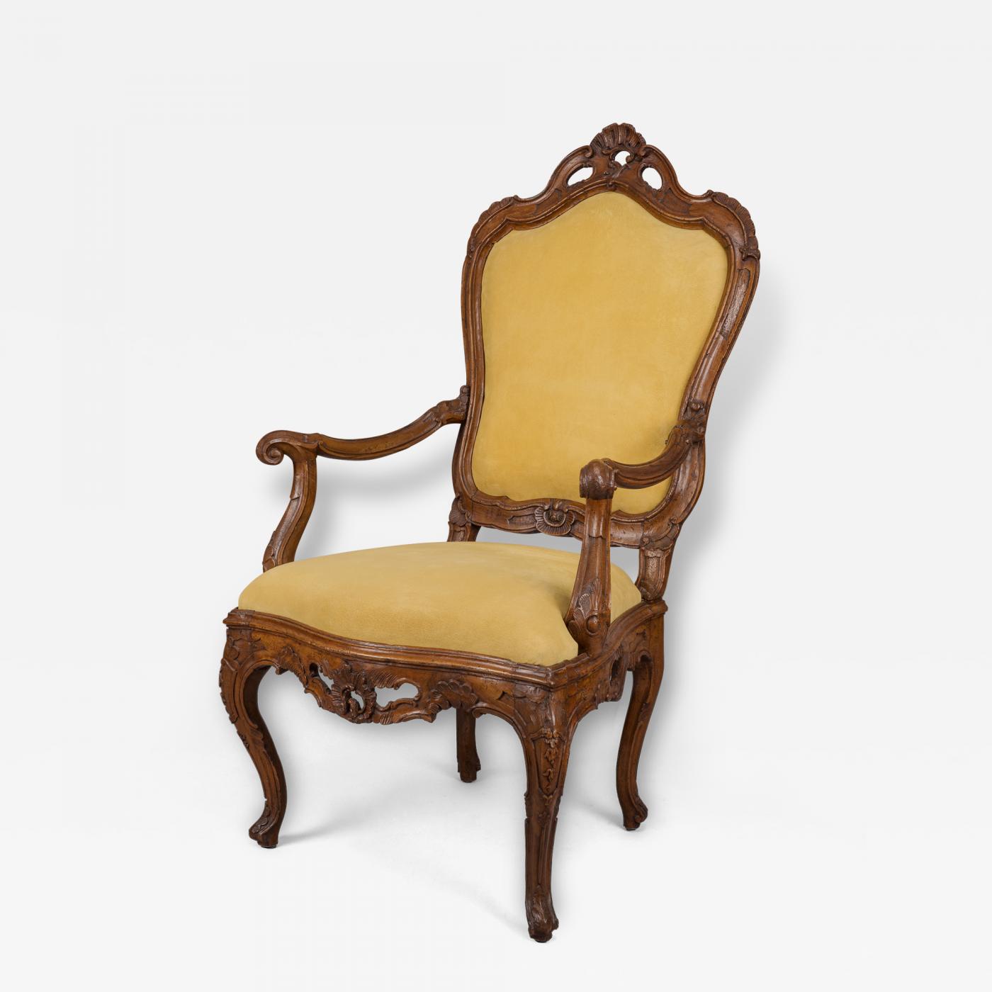 Pair Louis XV-Style Arm Chairs in Walnut with Carved Cartouche