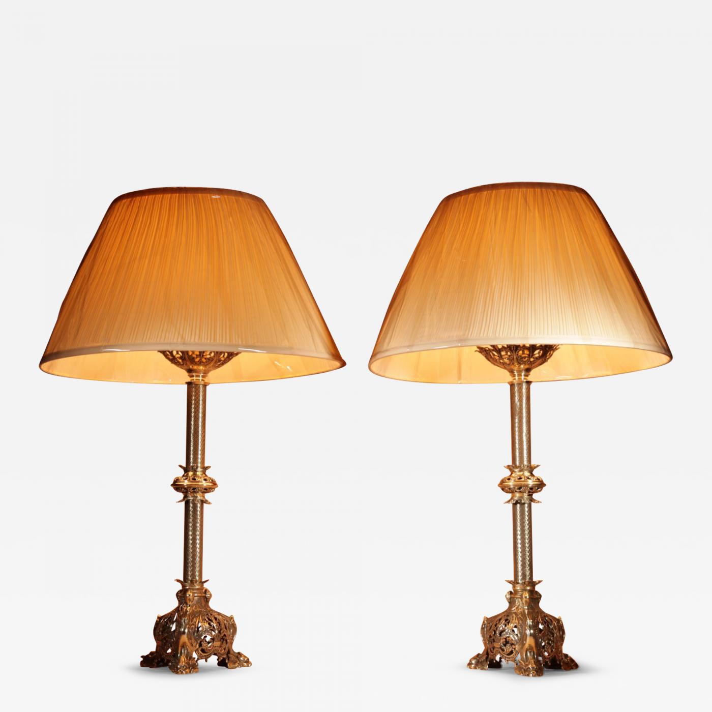 A Pair Of Impressive Fine Cast Brass Table lamps, In The early Gothic Style.