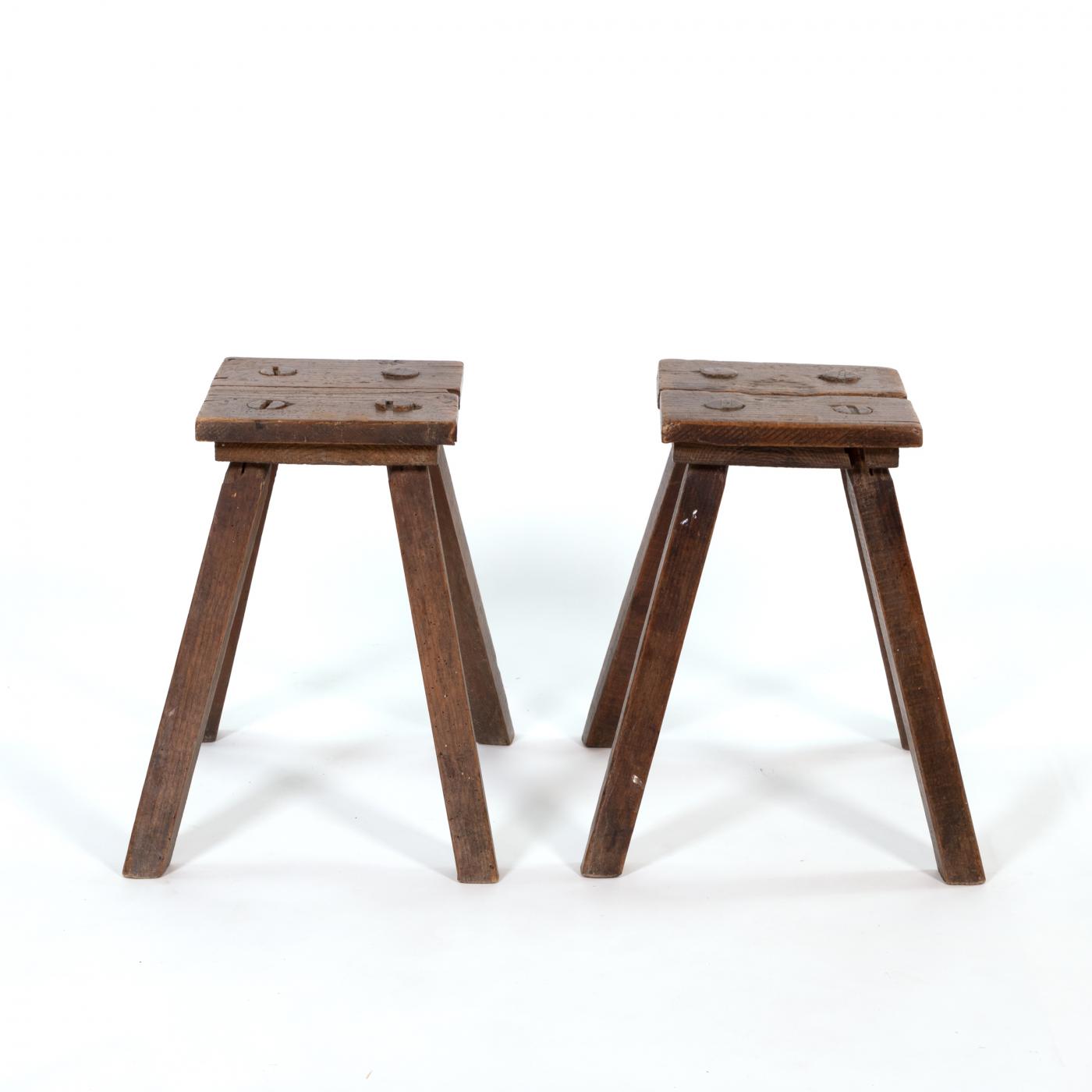 A Pair Of Square Rustic Country Work Stools , English Circa 1870.