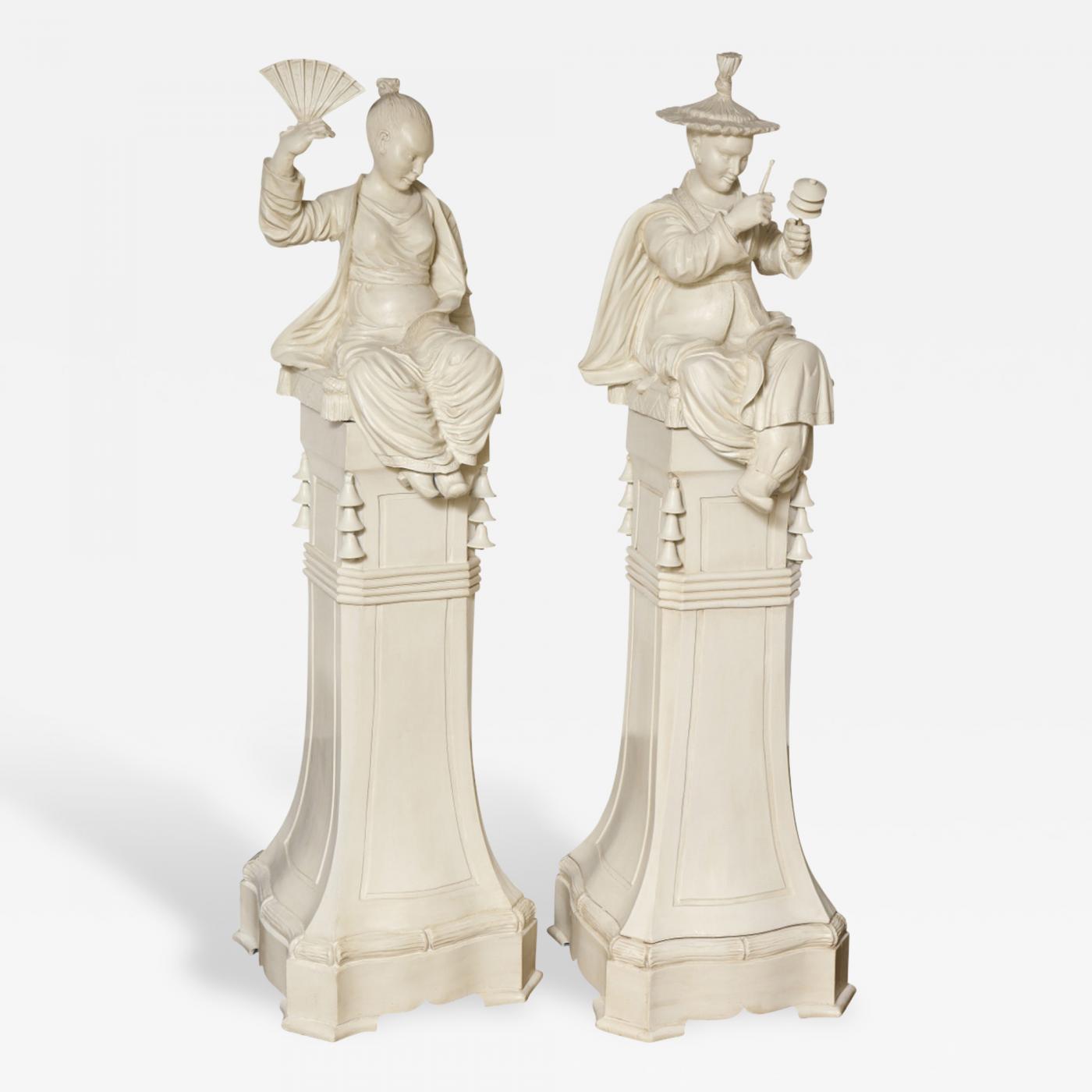 A Pair Of Carved Wood Chinese Figures On Pedestals
