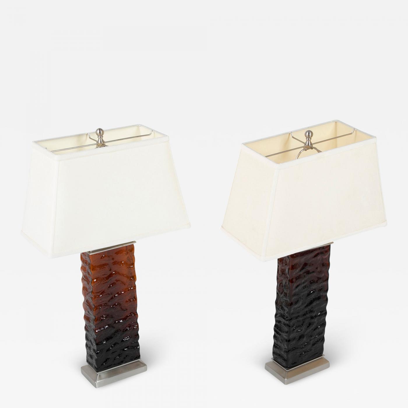 A Pair of Mid-Century Wavy Amber Glass & Steel Lamps