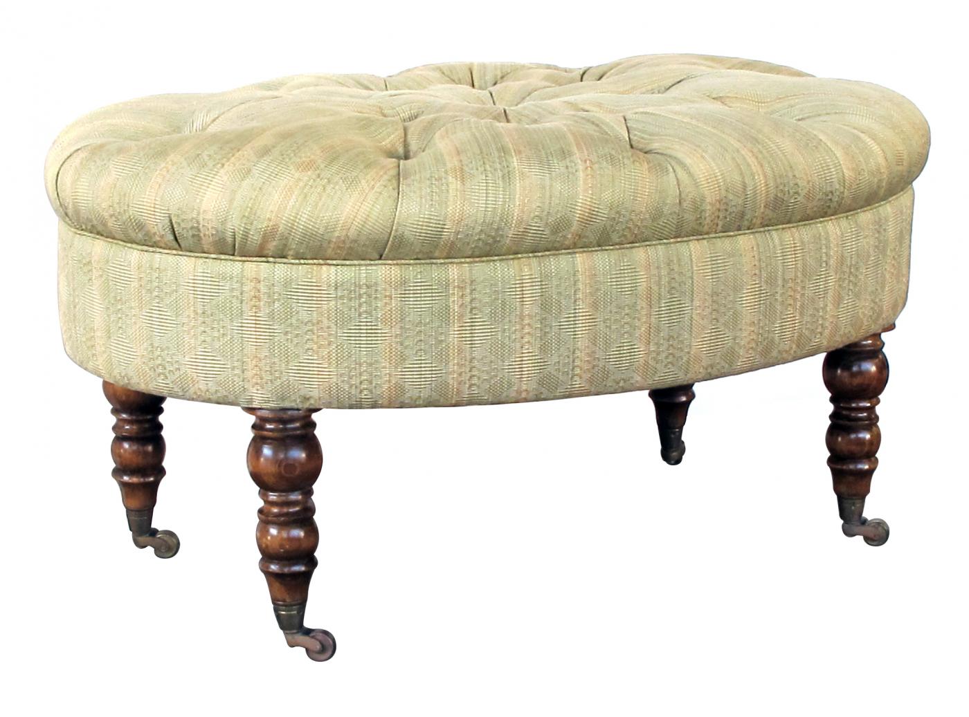 Handsome English Ovalshaped Ottoman/stool with Turned Legs and Casters