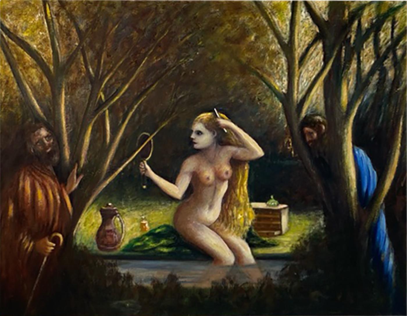 ATMOSPHERIC NUDE BATHING IN FOREST WITH WATCHERS PAINTING