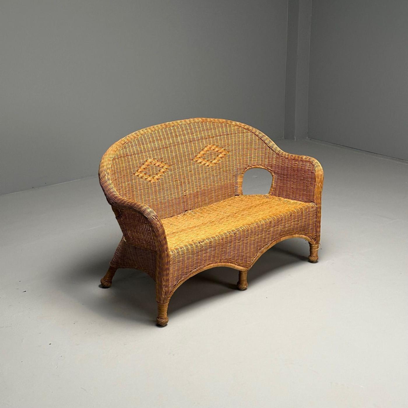 American Designer, Mid-Century Modern, Wicker Settee, USA, 1970s