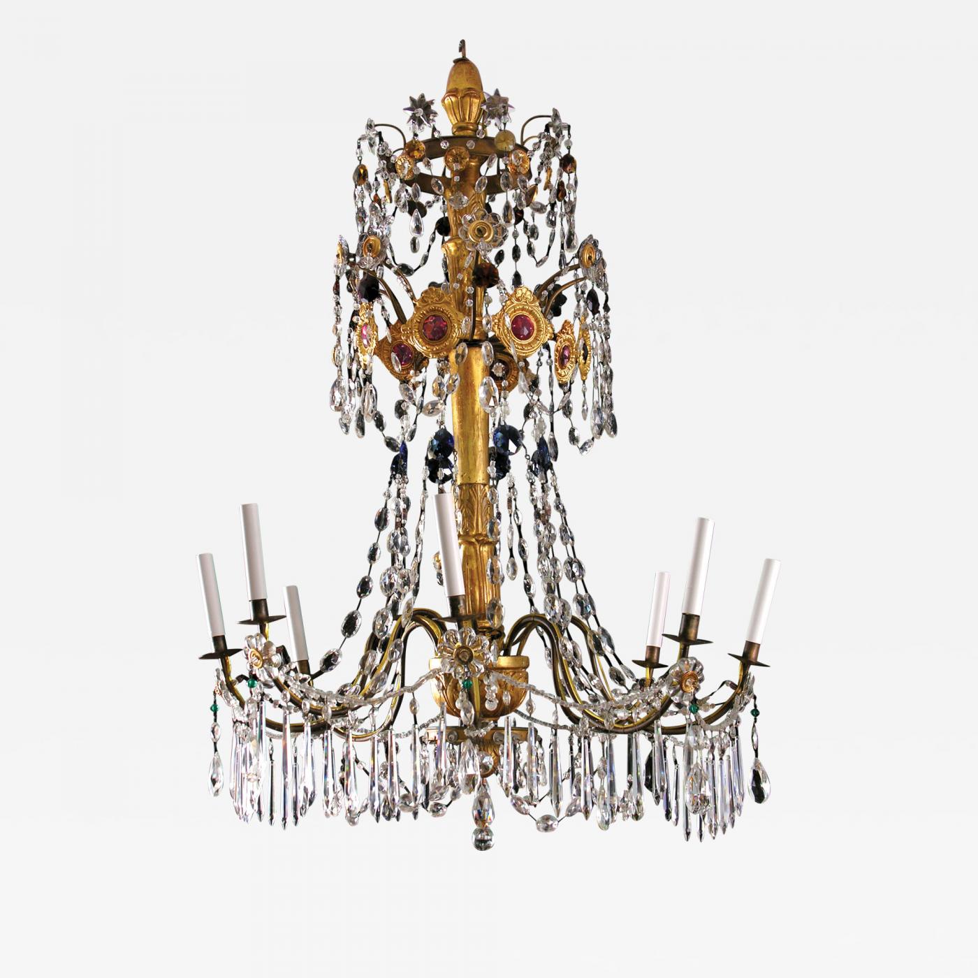 An Eight Light Carved And Gilded Wood Chandelier With Colored Crystals Listings Furniture Lighting Chandeliers And Pendants An Eight Light Carved Gilded Wood Chandelier With Colored Crystals