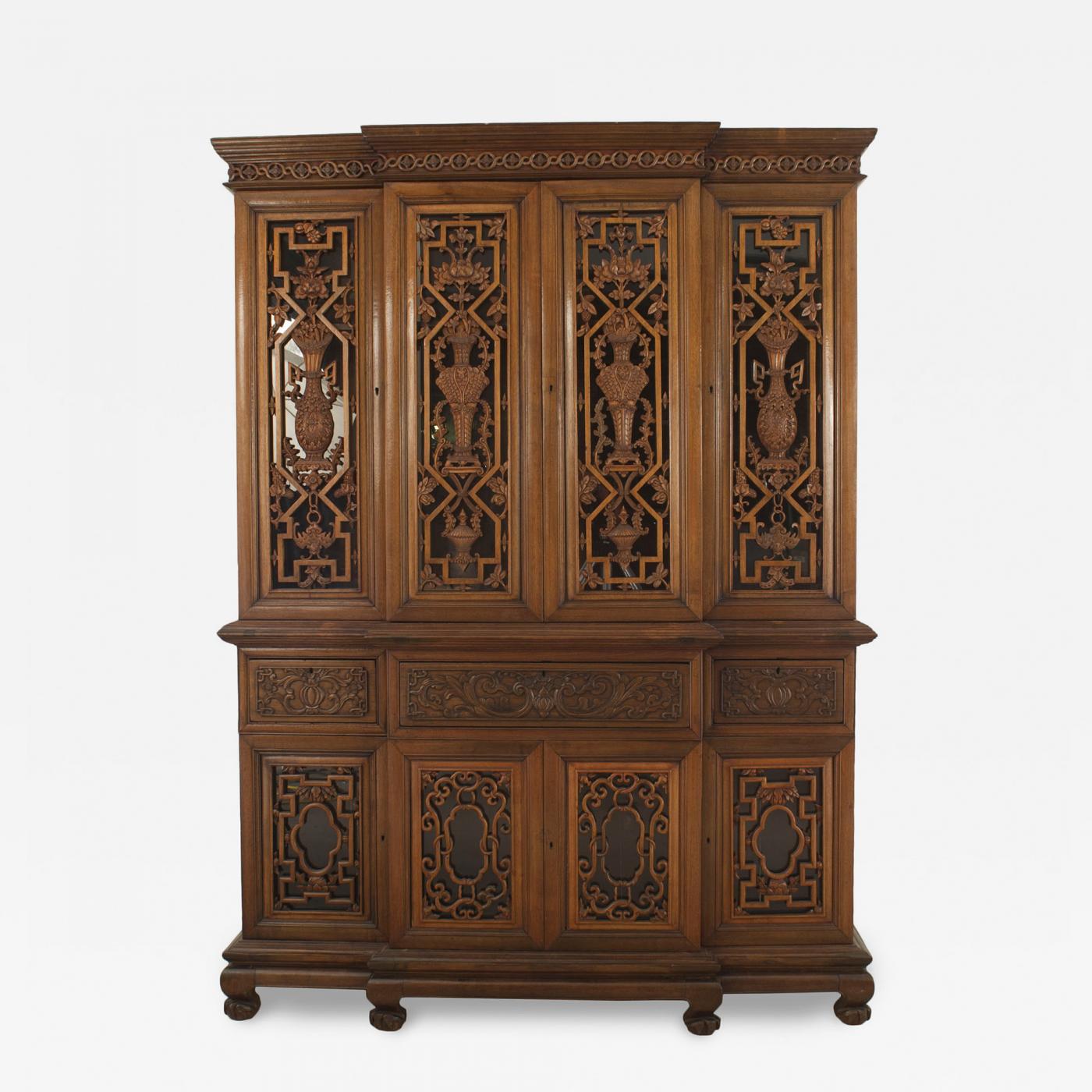 AngloIndian Carved Teakwood Breakfront