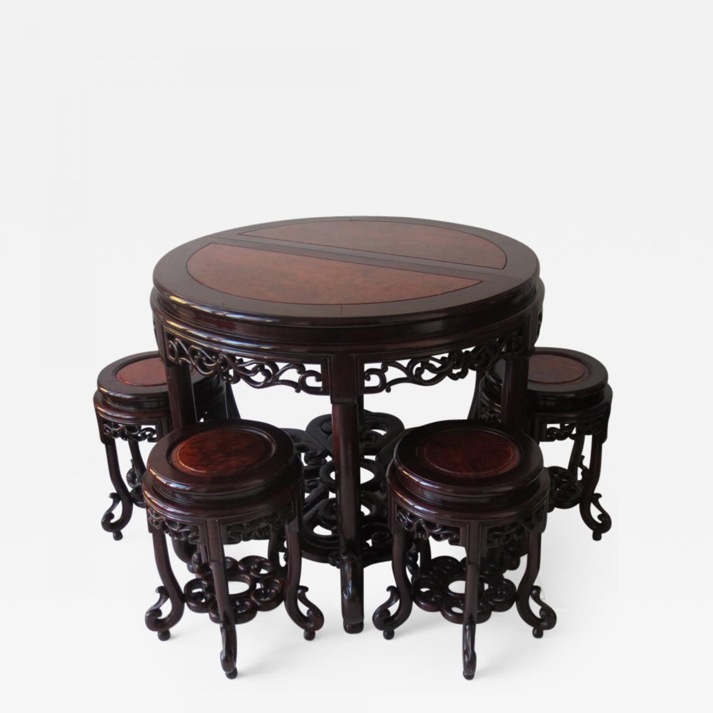 Antique Chinese Hardwood Round Table With 6 Chairs