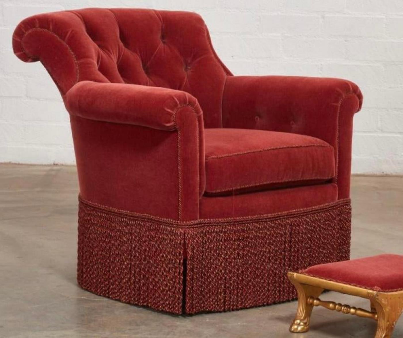 Antique Fully Upholstered Tufted Roll Arm Red Velvet Chair