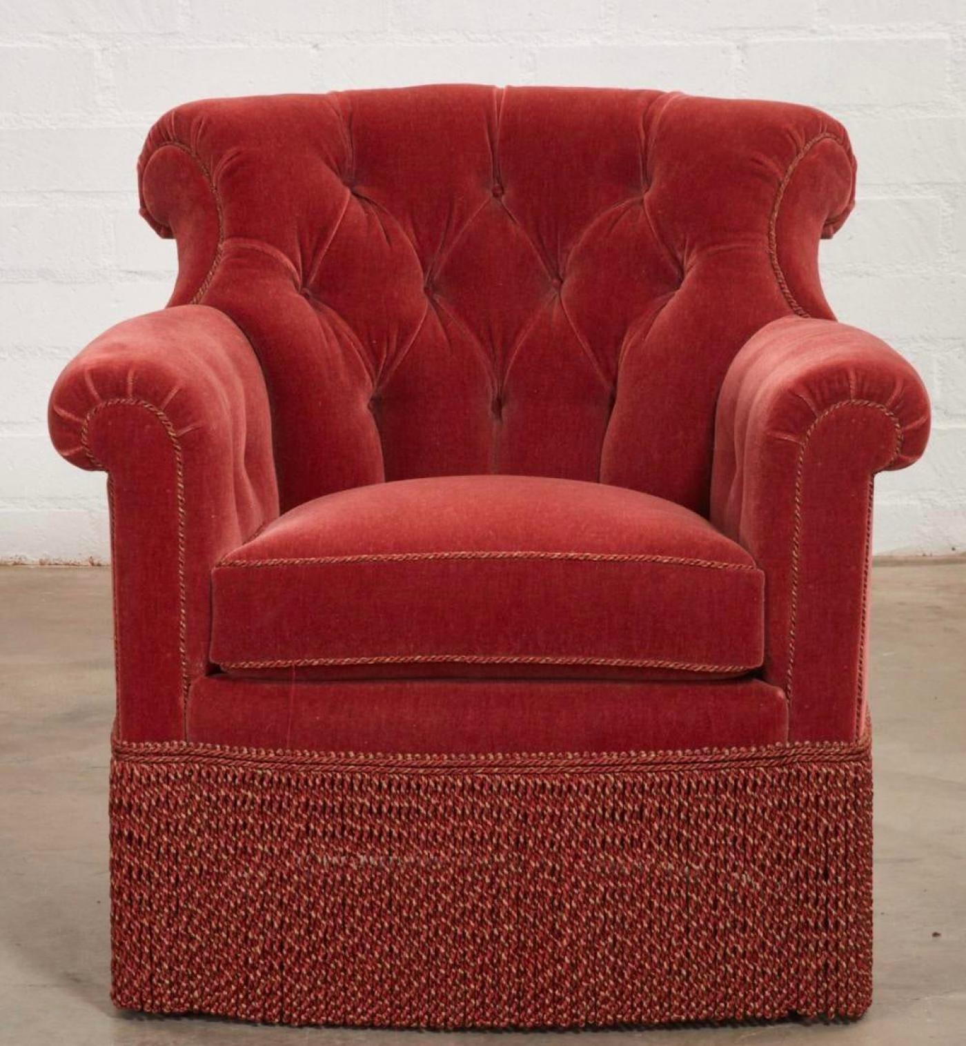 Antique Fully Upholstered Tufted Roll Arm Red Velvet Chair