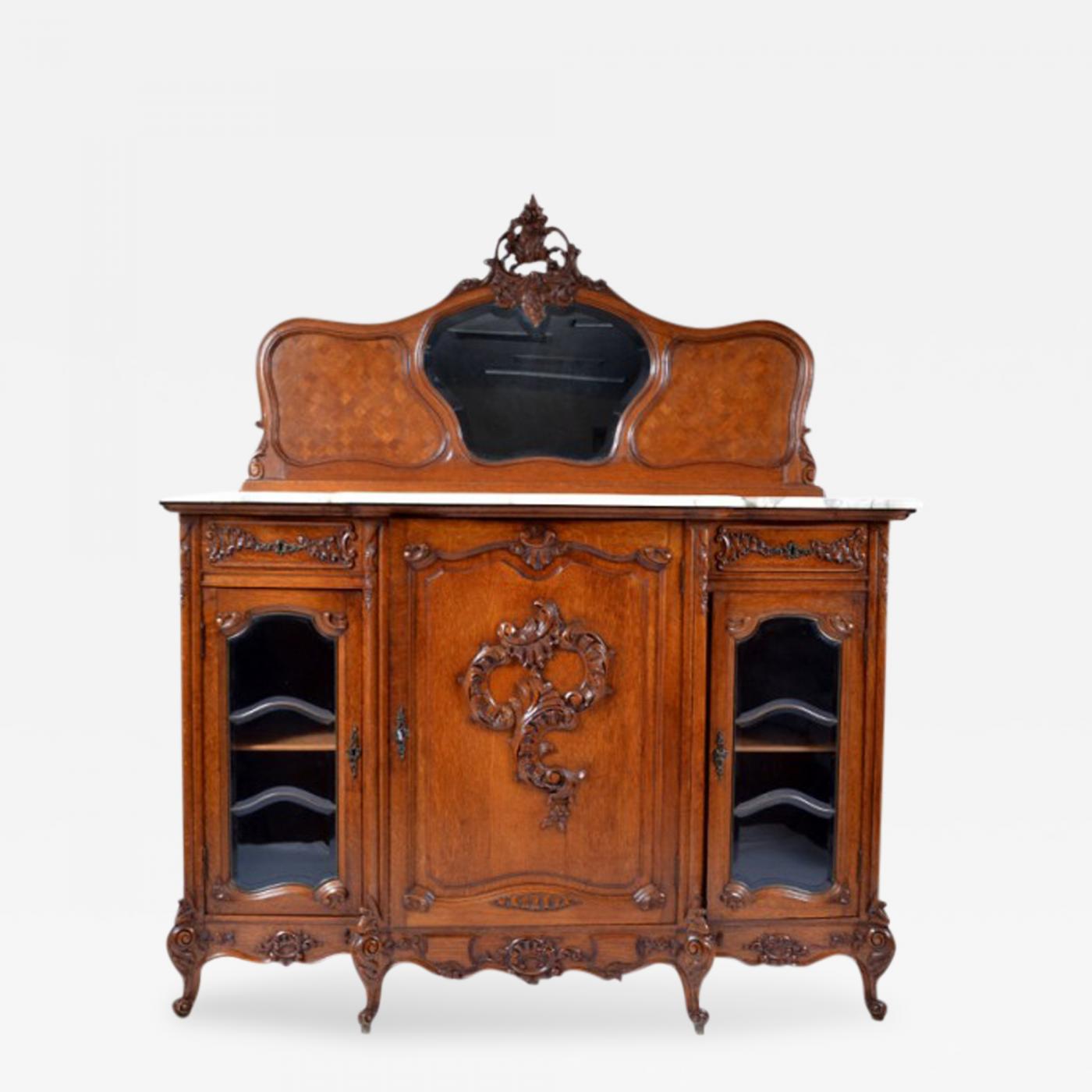 Antique Louis Xv Oak Marble Top Sideboard Buffet Cabinet