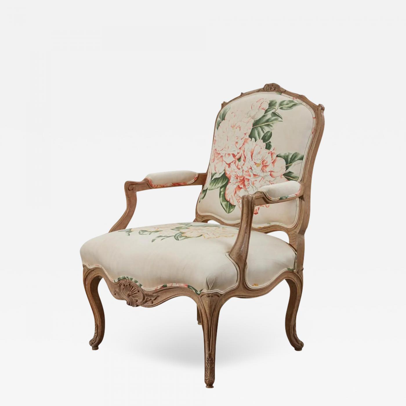 Antique Louis XV Style Pickled Oak Pink Floral Fauteuil Arm Chair