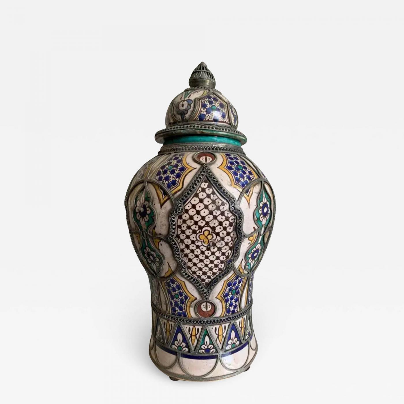 Antique Moroccan Ceramic Lidded Vase from Fez with Silver Filigree