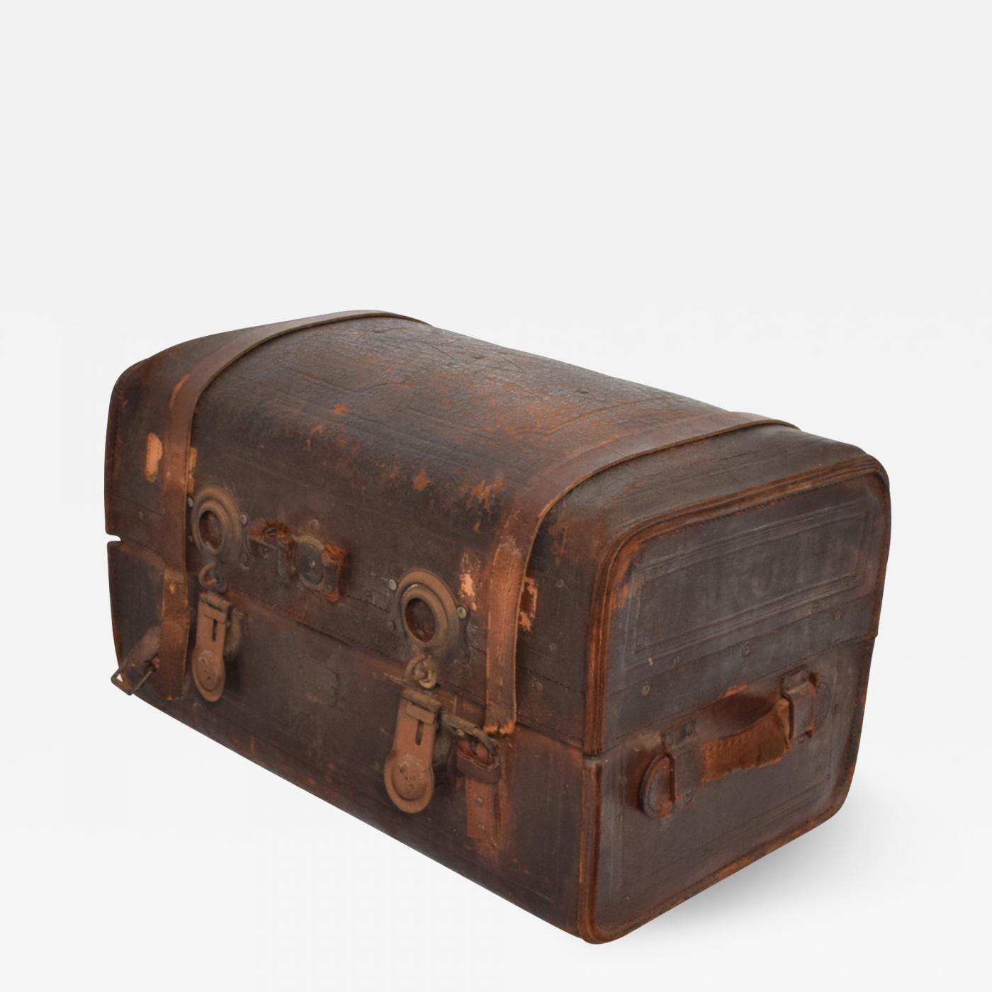 Antique Steamer Trunk Distressed Leather Travel by S. Dennin New York