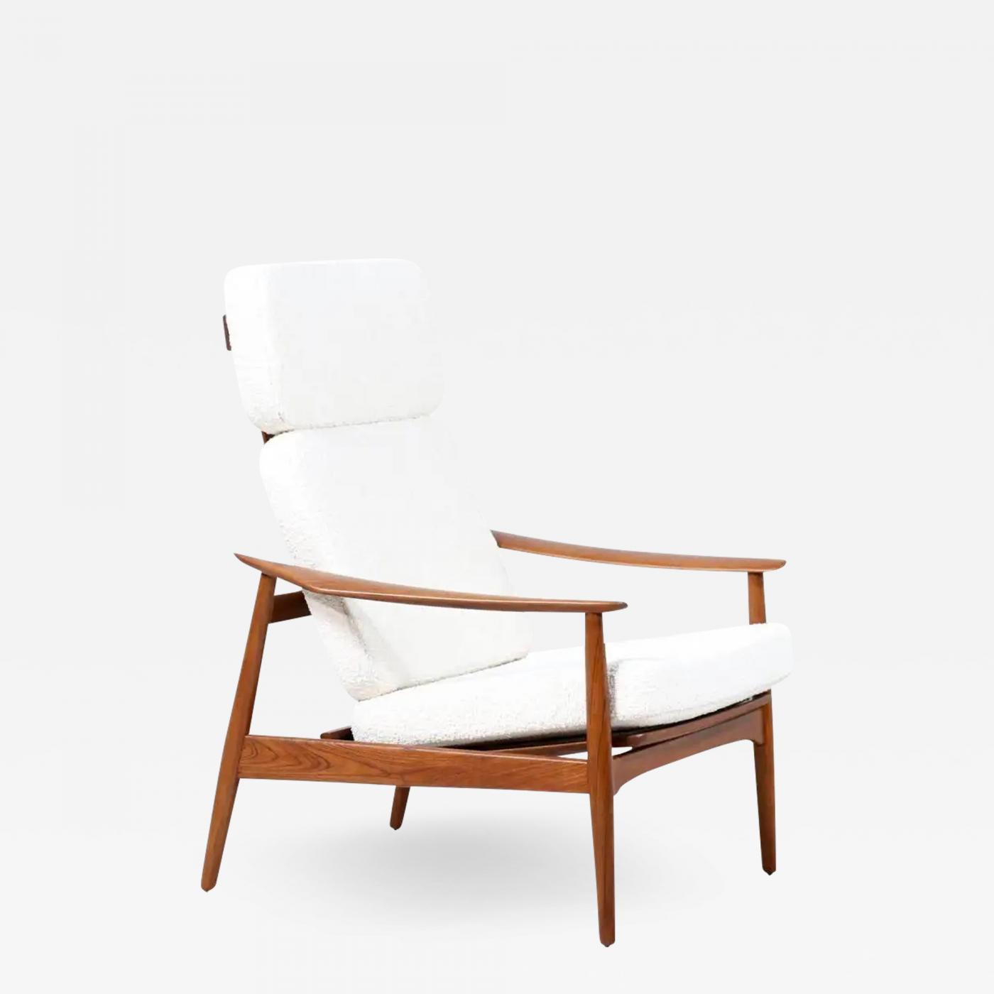 Arne Vodder - Arne Vodder Sculpted Teak & Boucle Reclining Lounge Chair for  France & Son