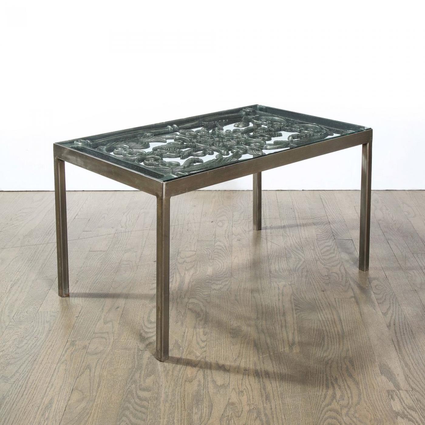 Art Deco Antique Burnished CastIron Gate Cocktail Table with Floral Detailing