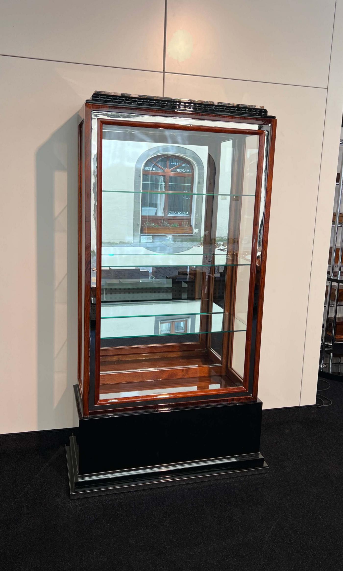 Art Deco Display Case, Macassar, 3 Sides Glass, Marble Top, France