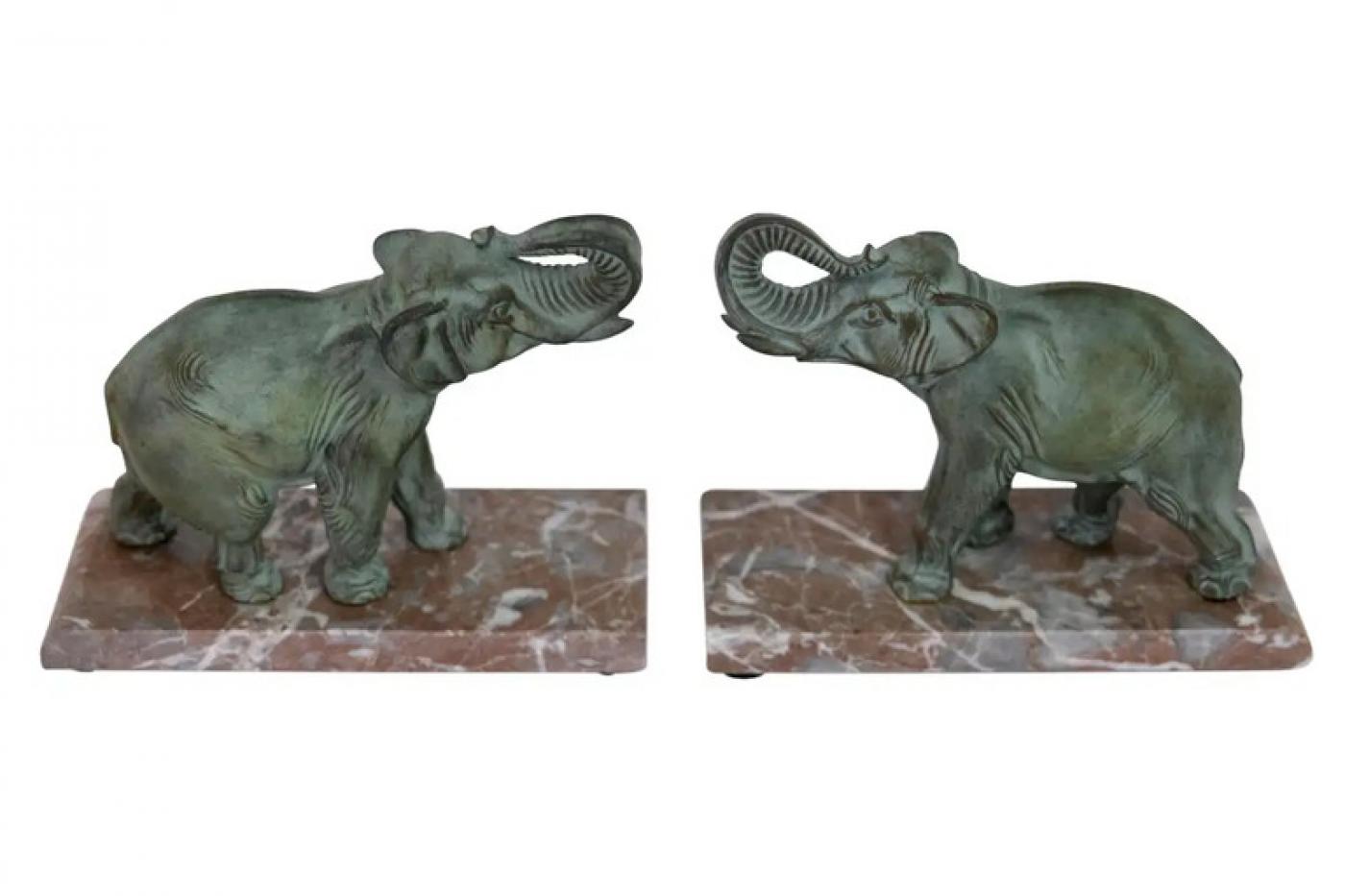 Art Deco Elephant Bookends with Raised Trunk