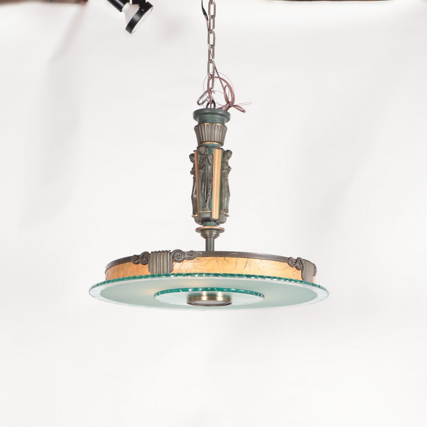 Art Deco Hanging Light Fixture with St. Motif. Circa 1920.