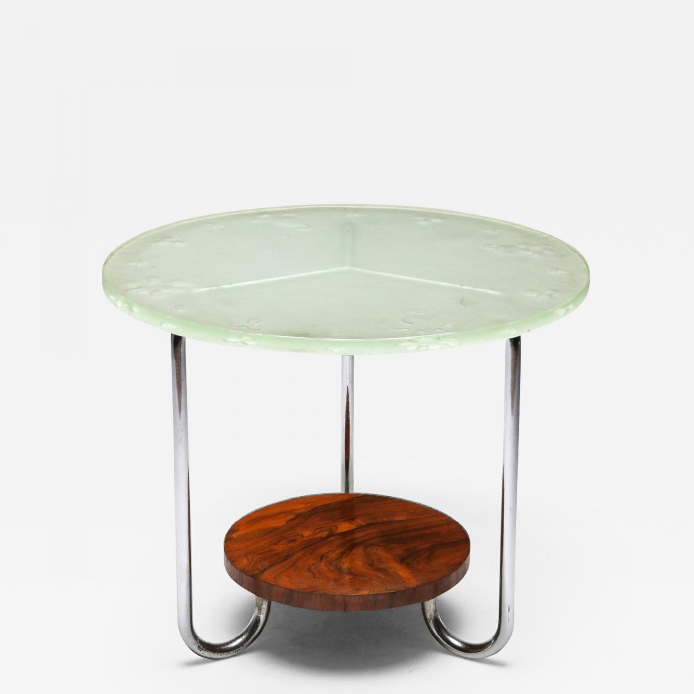 Art Deco Occasional Table With Thick Etched Glass Top 1930 S