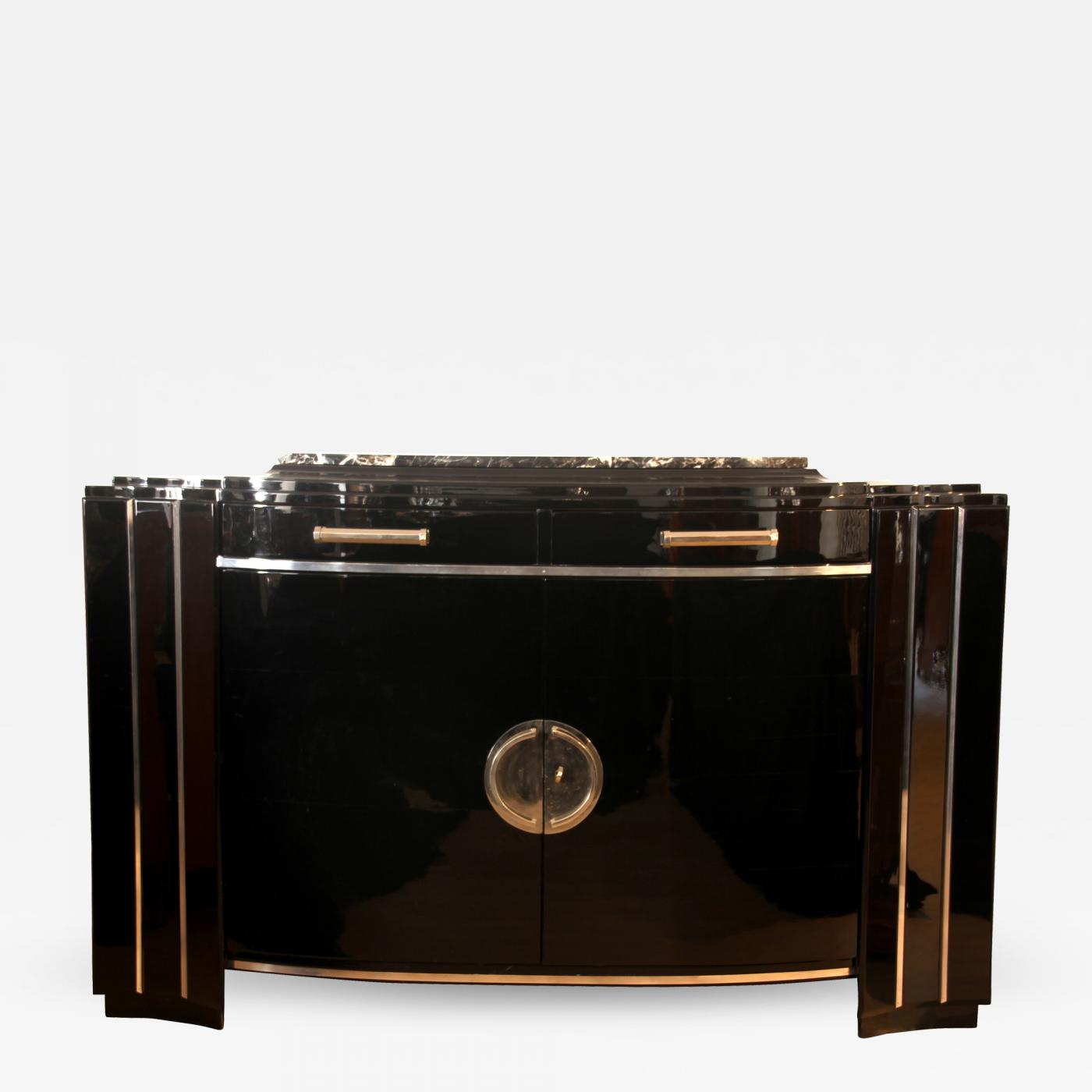 Art Deco Sideboard, Convex Front, Black, Mahogany and Chrome