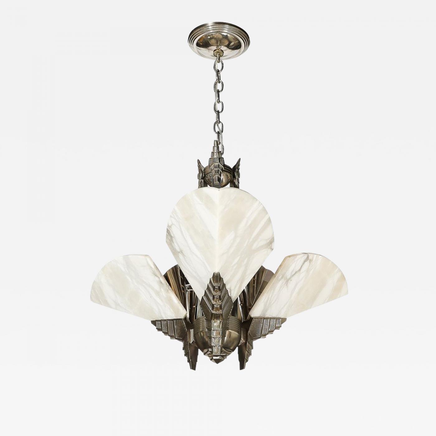 Art Deco Style Nickeled Bronze and Alabaster Pendant Chandelier