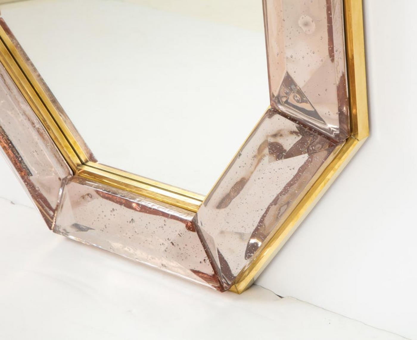 Bespoke Octagon Pink Murano Glass Mirror, in Stock