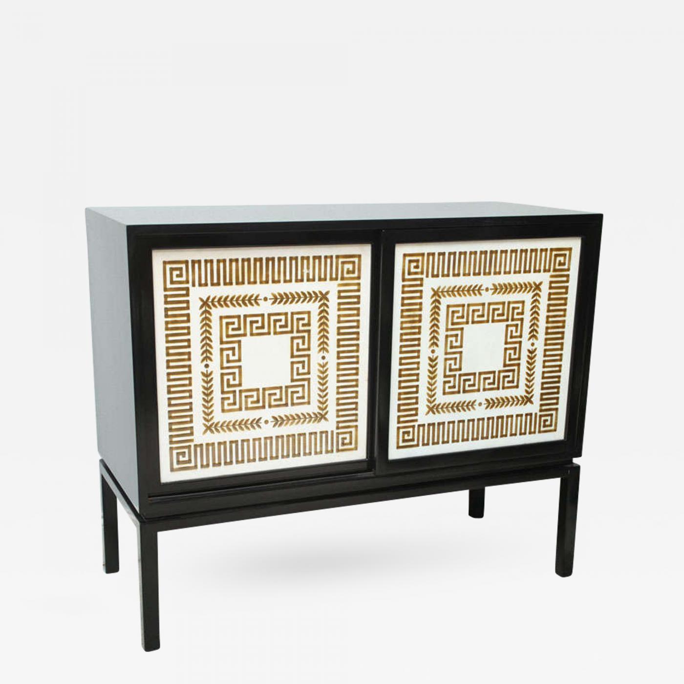 Black Lacquer Credenza With Sliding Doors Hollywood Regency