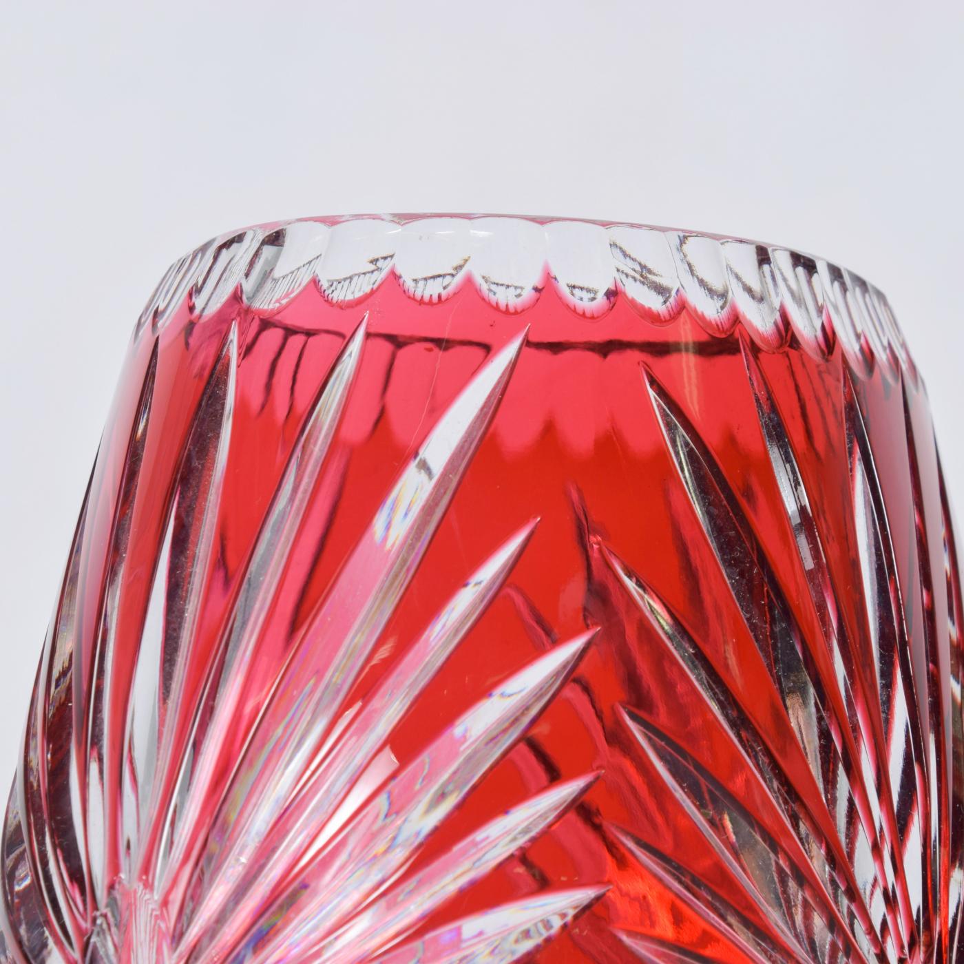 Bohemian Red Ruby Cut Clear Crystal Glass Vase Hungary Czech Art Style Of Ajka