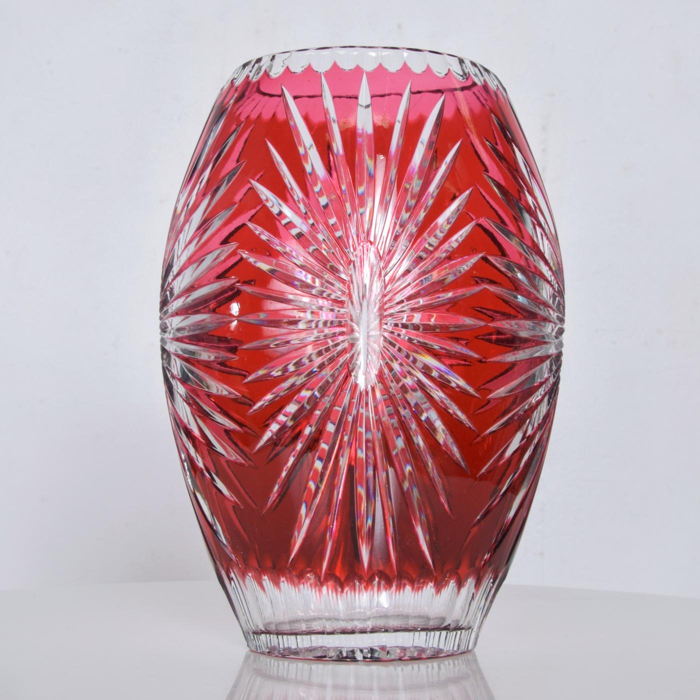 Bohemian Red Ruby Cut Clear Crystal Glass Vase Hungary Czech Art Style